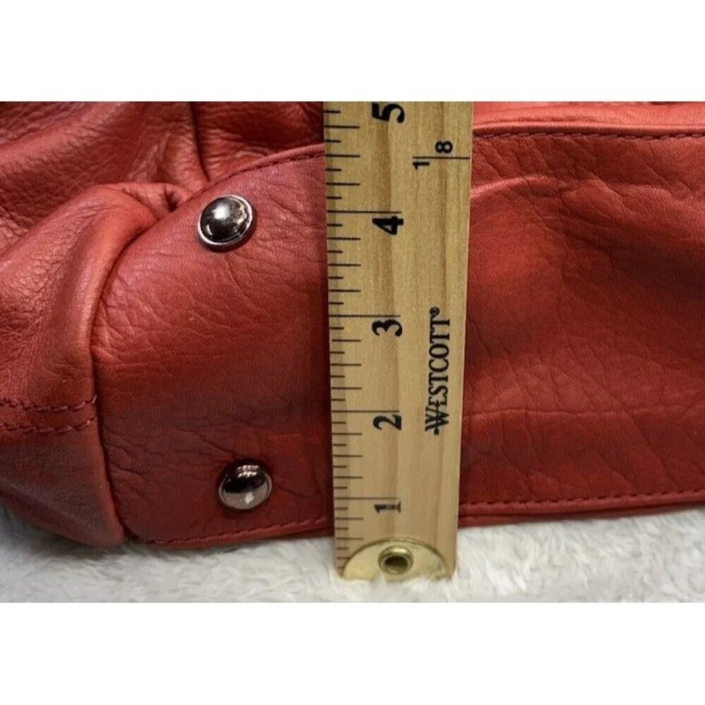 B. Makowsky Red Orange Pebbled Leather Satchel Bag Boho Shoulder Purse 3-Section